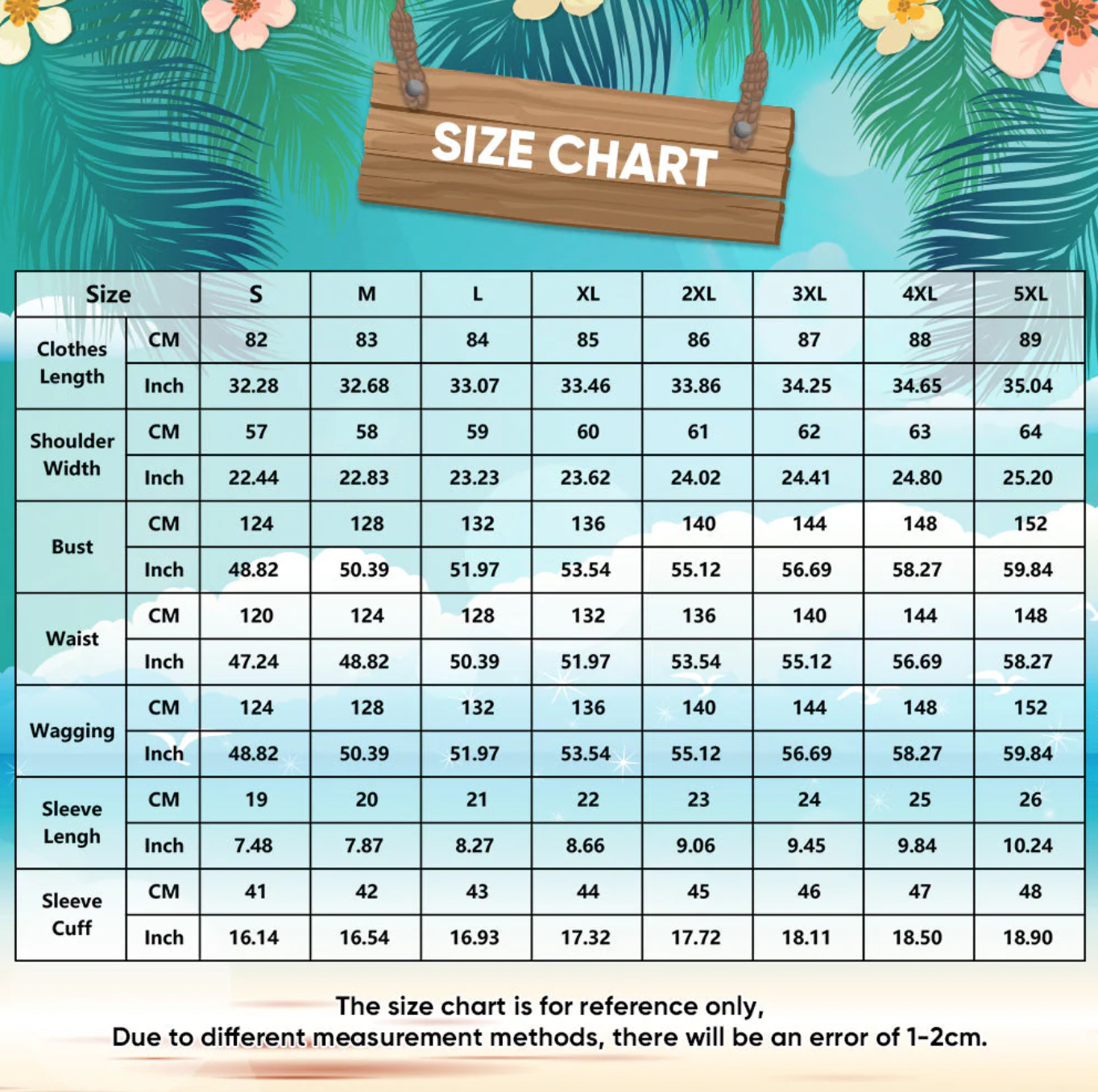 Size chart hawaiian shirt